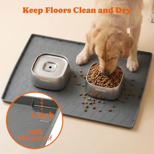 Pawtners 34" x 22" Waterproof Silicone Cat & Dog Food Mat with Raised Edge - color: Gray