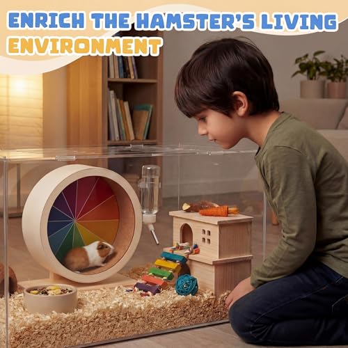 Geelin 12 Inch Hamster Wooden Silent Wheel, Rainbow Printed Small Animal Exercise Wheel, Quiet Spinner Hamster Running Wheels Toys for Hamsters, Gerbils, Mice and Other Small Pets - size: Large
