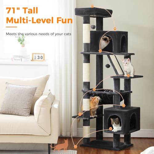 71" Cat Tree for Indoor Cats,Multi-Level Cat Tower with Large Hammock - color: Dark Grey, size: 71 Inches