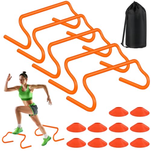 SMTPDT Agility Hurdles Training Equipment - 5 Speed Hurdles and 10 Soccer Cones with Carrying Bag for Soccer, Football, and Track Drills, Ideal for Athletes Speed and Agility Training
