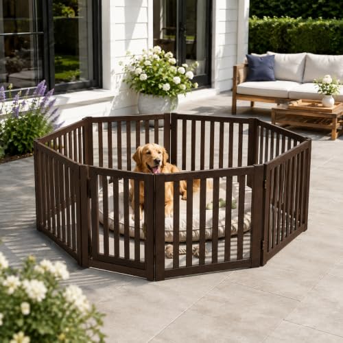 WELLAND Freestanding Pet Gate 4 Panel Wooden Step Over Dog Gate - color: Espresso, size: 4 Panel 80" Wide