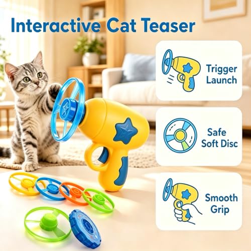 Flying Cat Toy for Indoor Kitten, Interactive Cat Fetch Toy with 1 Light Up Spinning Tops, and 5 Propellers, Flying dis Toy for Training Chasing - color: Yellow