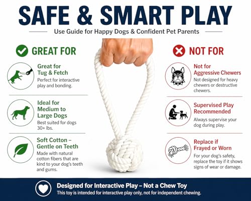 Dog Rope Toy with Ball, 20-Inch Overall Length with 4-Inch Rope Ball for Medium and Large Dogs, Strong and Durable Washable Cotton Tug Toy for Indoor and Outdoor Play, Tug-of-War and Fetch, White