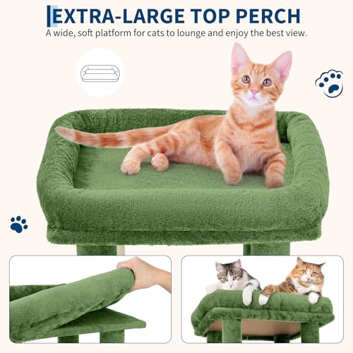OUTLANE 60-Inch Multi-Level Large Cat Tree, Heavy Duty Cat Tower for Indoor Large Cats Adventure, Stable Furniture with Extra-Wide Top Perch, 2 Hideaway Condos, 7 Natural Sisal Scratching Posts and to - color: Green