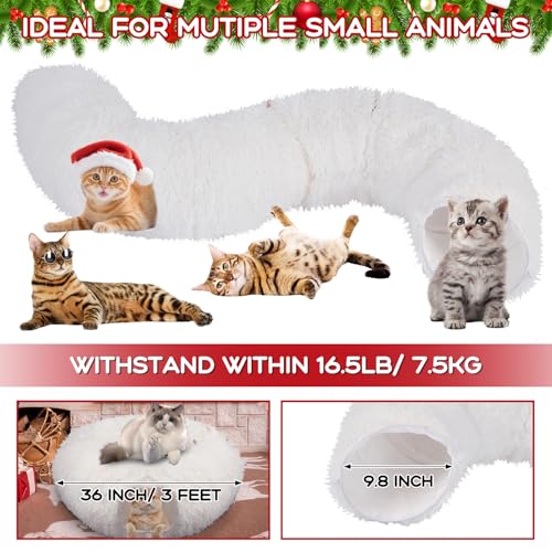Hollowfly Christmas Cat Bed Tunnel 3ft x 3ft x 9.8in Under Tree Cat Donut Tunnels for Indoor Kittens Xmas Winter Plush Peekaboo Cave Toy Collapsible 3 Way for Small Kitty(Fluffy) - style: Fluffy