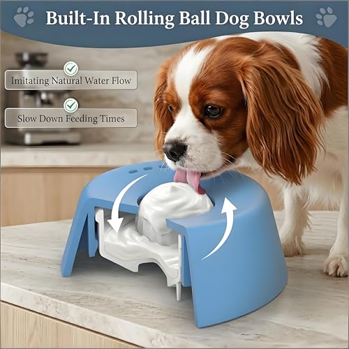 Dog Lick Bowl with Rolling Ball – Slow Feeder Dog Bowl for Liquid Treats, Anti-Slip Suction Base, Interactive Enrichment Bowl for Bone Broth, Yogurt & Wet Food, Anxiety Relief-Blue