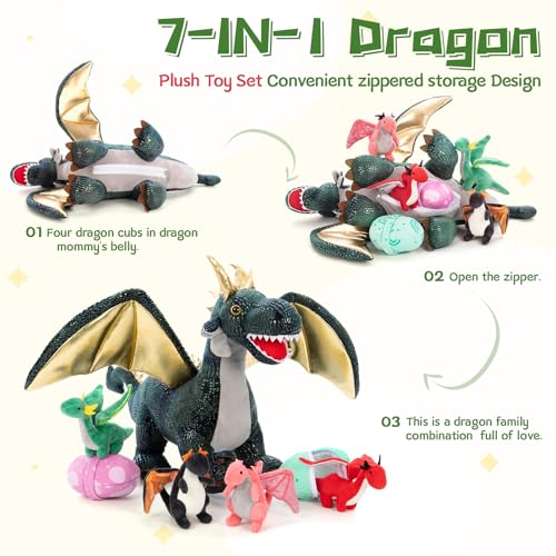 Dragon Plush Toy with 4 Babies, 21.7" Stuffed Animal, Dark Green - style: Dragon Dark Green