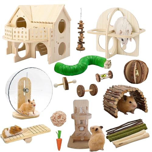 23 PCS Hamster Toys & Accessories Set – Wooden Maze House, Silent Exercise Wheel, 17 Pcs Chew Toys, Water Bottle & Hamster Fitness Toy for Hamsters, Rats & Small Animal Cage Accessories (Green)