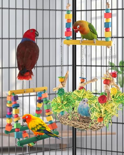 DBNESS Bird Hammock Toys Parakeet Perches Swing, 3in1 Detachable Parrot Cage Accessories, Wooden Hanging Chew Toys for Medium Conure Cockatiel Quaker Lory - size: 3 in 1