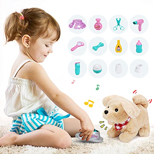 Pet Care Play Set Electric Vet Play Set-Walking ,Barking,Tail Wagging Little Plush Dog Grooming Toys with Puppy Carrier Feeding Dog Educational Toys for Toddler Kids