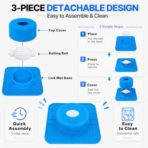 2-in-1 Slow Feeder Dog Bowl, Rolling Ball & Lick Mat, Large Blue