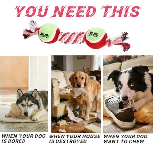 Rope Tennis Ball Toys for Aggressive Chewers, Durable Cotton Rope Tennis Ball Chew Toys for Small, Medium Dogs, Prevent Destructive Chewing, Fetch Toys for Dental Care & Training (2Pcs, Tennis)