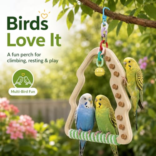 Wooden Parrot Swing Toy, Christmas Tree Shape Bird Perch with Cork Nibbles, Bell, for Budgies, Cockatiels, Conures