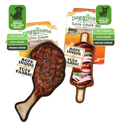 Doggijuana Tomahawk Steak & Grilled Kebab Dog Toy Bundle | 2 Pack, Squeaky - style: Tomahawk Steak & Grilled Kebab