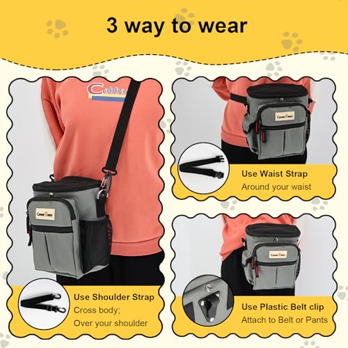 Dog Treat Pouch Open Top for Quick & Spill-Proof Access, Removable Pouch|Poop Bag Dispenser|3 Ways to Wear, Dog Treat Bag - Collapsible Bowl, Training Clicker & Poop Bag for Training & Walking. (Grey) - color: Grey