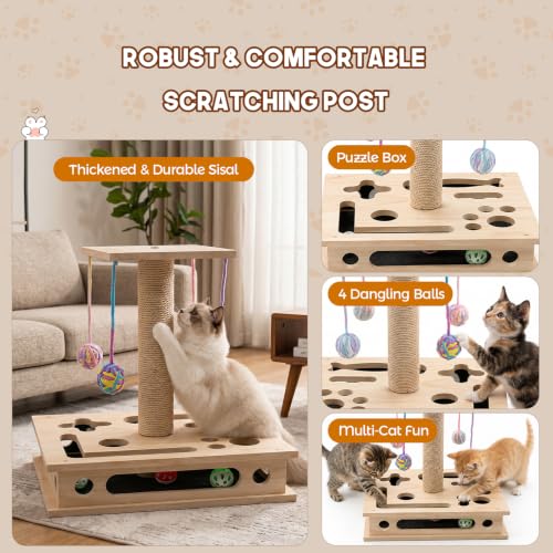 Cat Nail File Box, Solid Wood Cat Scratcher with Sandpaper & Enrichment Toy
