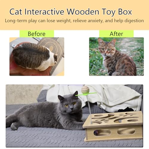 Interactive Wooden Cat Puzzle Toy Box Indoor Hunting Play Toy to Stimulate Your Cat’s Energy and Instincts (Burlywood) - color: Burlywood