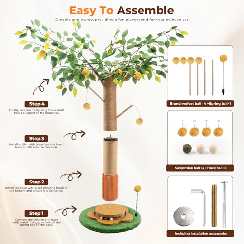 41" Tall Cat Scratching Post for Large Cats - XL Sturdy Cat Scratching Post with Solid Wood Base, Sisal Rope Scratching Posts for Indoor Cats Adults with Self-Grooming Brush, 4 Detachable Hanging Toys