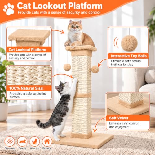 Cat Scratching Post 33 Inch Nature Sisal Cat Scratch Post for Indoor Cats, Large Cat Scratcher Protect Your Furniture Orange - color: Orange