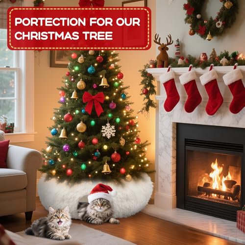 Hollowfly Christmas Cat Bed Tunnel 3ft x 3ft x 9.8in Under Tree Cat Donut Tunnels for Indoor Kittens Xmas Winter Plush Peekaboo Cave Toy Collapsible 3 Way for Small Kitty(Fluffy) - style: Fluffy