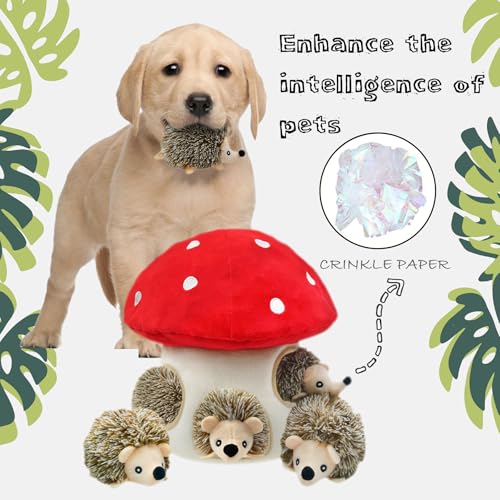 Hide and Seek Dog Toys, Mushroom Crinkle Paper Hideaway with 5 Pack Squeaky Hedgehogs Interactive Plush Puzzle Puppy Chew Toy to Keep Them Busy for Small Medium Large Dogs - color: Mushroom Hideout with 5 Hedgehog Brown