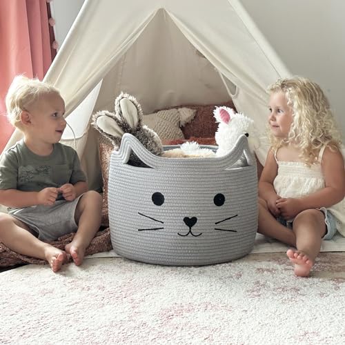 Large Woven Rope Cat Toy Basket with Cat Face Design, Grey - color: Gray, size: 15.7"W x 11.8"H