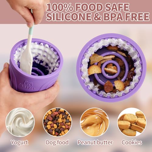 Dog Lick Bowl, Bestalk Anxiety Relief Slow Feeder Dog Lick Mat Treat Dispenser, Non-Slip Dog Licking Bowl Dog Enrichment Toys for Small Medium and Large Breed Dogs, BPA Free Silicone(Purple,M-L) - color: Purple, size: M-L