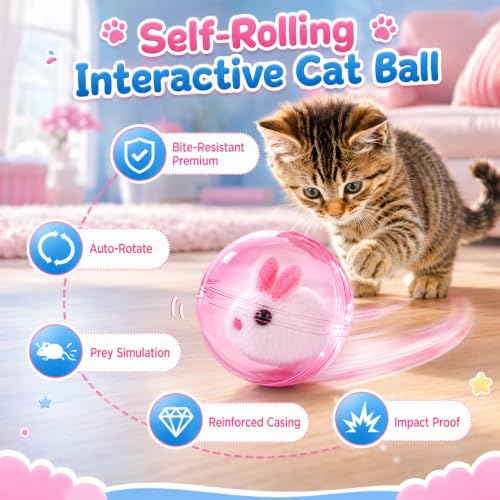 Self-Rolling Interactive Cat Ball, Electric Hamster Running Rolling Ball Toy, Rotate 360° Spin Moving Cat Ball, Fun Indoor Interactive Pet Ball for Cats Dogs Chasing，Pink - color: Pink
