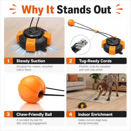 Interactive Dog Tug of War Toy for Aggressive Chewers, Suction Cup Chew Toy for Medium & Large Dogs to Keep Them Busy, Heavy Duty Dog Boredom Toy with Steel Wire Rope, Orange