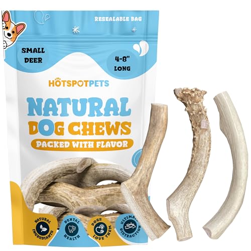 hotspot pets Small Premium Deer Antler for Dogs (3 Pack) - 4-7 Inch Long Lasting Antler Dog Chews Naturally Shed Deer Antlers Bone for Small & Medium Breed Aggressive Chewers - Sourced in USA - size: 3 Count (Pack of 1)