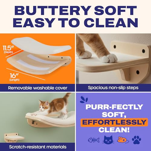 Cat Wall Shelves, Natural Floating Cat Furniture with Bed & Steps - color: Natural