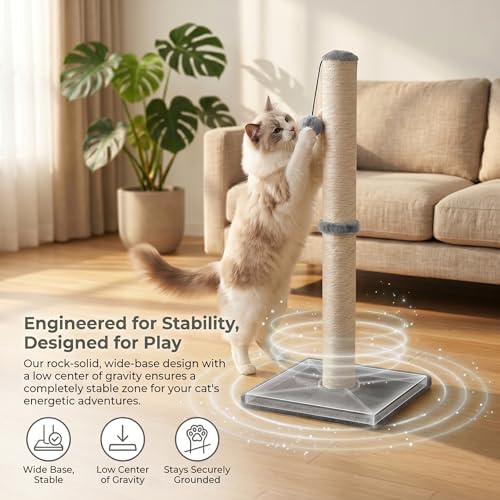 Dimaka 29" Tall Cat Scratching Post, Sisal Rope Scratcher, Grey - color: Grey, size: 29 inches for All Cats