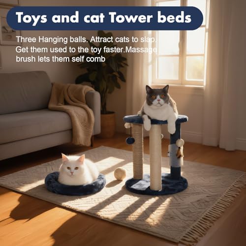 MECOOL Cat Scratching Post Tree with Tower Soft Bed.Natural Quality Sisal Carpet Jute Scratch Posts with Three Hanging Ball Toys and Massage Brush for Indoor Cats and Kittens Blue - color: Blue