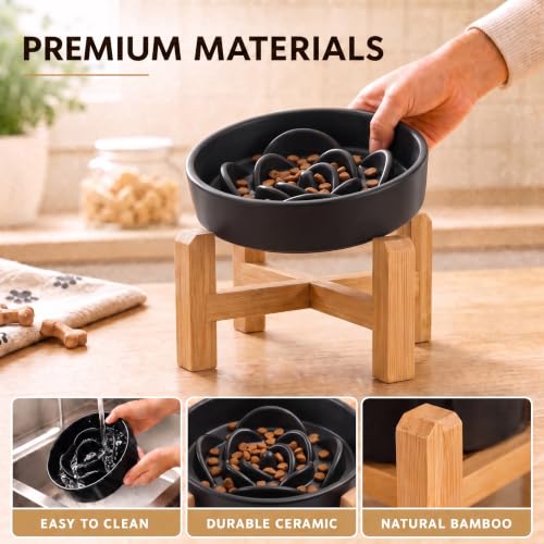 Elevated Ceramic Slow Feeder Dog Bowls Anti-Choking Slow Feeding for Medium& Large Anti-Slip Non-Lead & Toxic Durable Easy to Clean Maze Slow Feeder Bowl（8.66in Black Flower Pattern） - color: Black Flower Pattern, size: 3.6Cup
