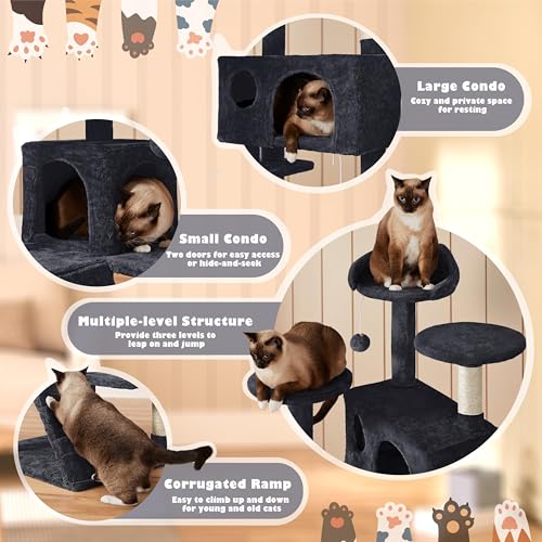 Yaheetech 54in Cat Tree Tower, 2 Caves, Kitten-Ear Perch & Scratching Posts - color: Black, size: 54in