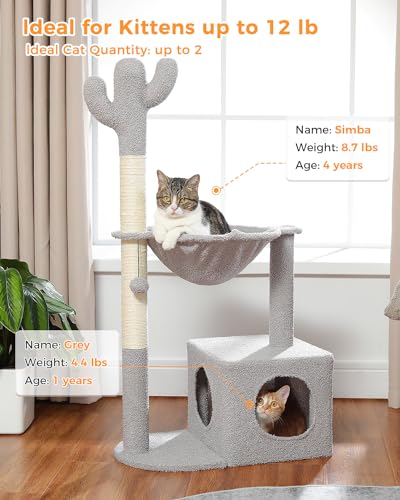 MUTTROS Cactus Cat Tree Cat Scratching Post 40" Cat Tower with Large Metal Carpet Hammock, Cat Scratching Post for Indoor Cats with Condo& Dangling Ball, Grey - color: Gray, size: 40"