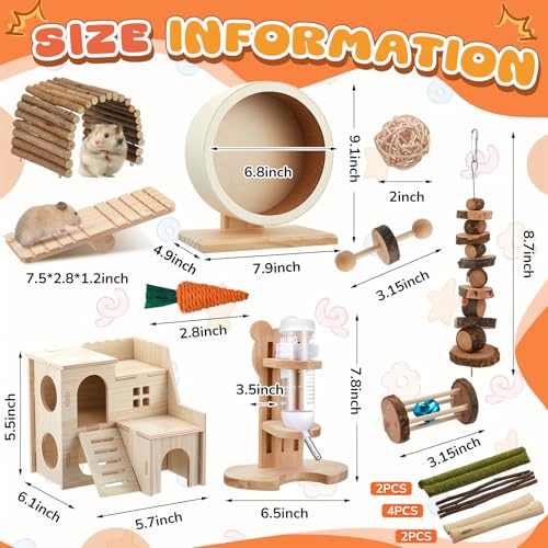 18 Pcs Hamster Cage Accessories, Silent Hamster Wheel 15 Toys Set - style: Harmony Wooden Style