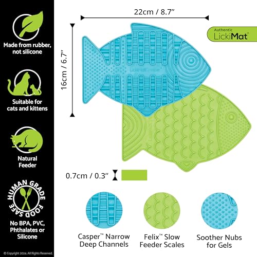 Lickimat Casper & Felix, Fish-Shaped Cat Slow Feeders Lick Mat, Boredom Anxiety Reducer; Perfect for Food, Treats and Anxiety Reduction. (Turquoise & Green) - color: Turquoise & Green