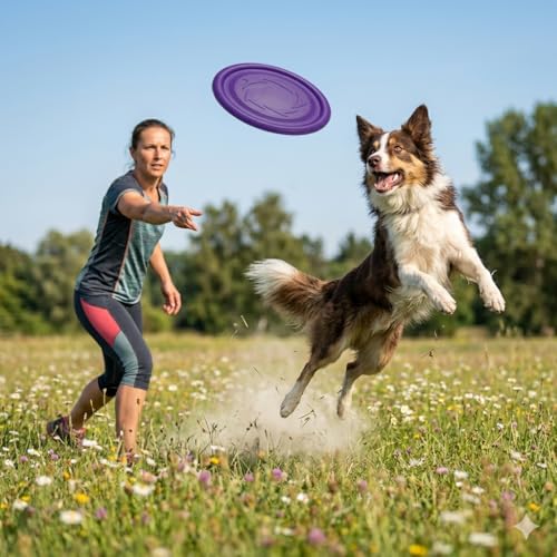 2-in-1 Flying Disc & Slow Feeder Dog Toy - 9.6" Large Floating Aerodynamic Frisbee, Durable Soft Rubber Chew Toy for Fetch, Water Play & Training (Purple) - color: Purple