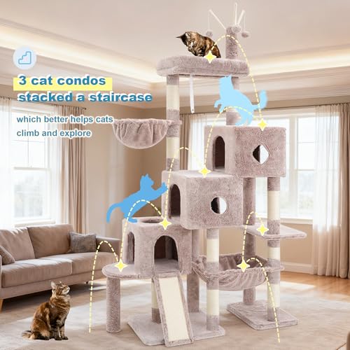 Hey-brother Cat Tree Tower with 3 Condos, Step Climbing Pathway MPJ081MU - color: Muchroom, size: 74.8 inches