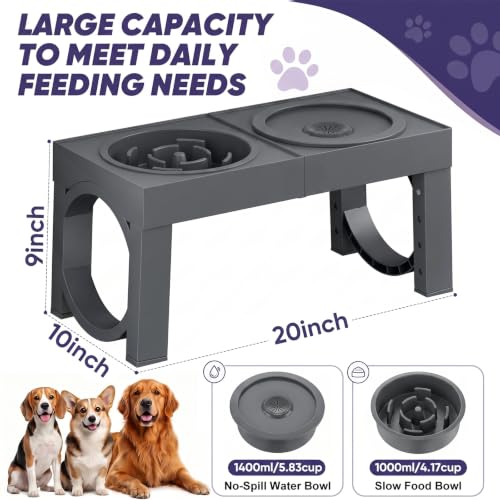 XIAZ Elevated Dog Bowls Large Breed Raised Dogs Bowl Stand Large/Medium Sized Dog Slow Feeder Dogs Bowls Food Water Stands 5 Heights Adjustable 9/11/12/14in Pet Feeder Dish Station - color: D-Grey