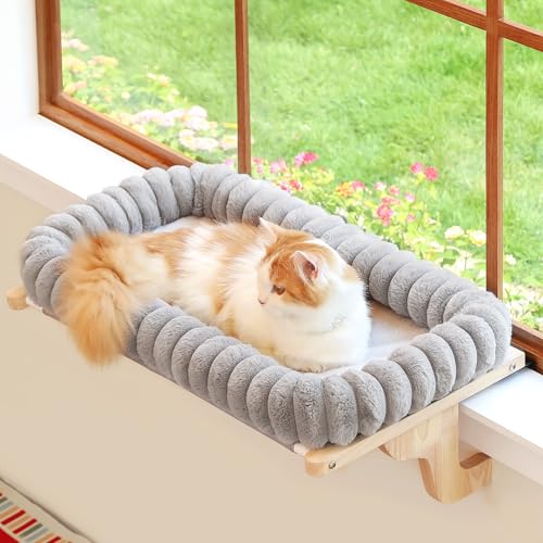Zakkart SnugCloud Cat Perch for Windowsill (Natural Wood/Gray, M) - color: Natural Color Wood w/ Gray Bed, size: Medium (22"x15")