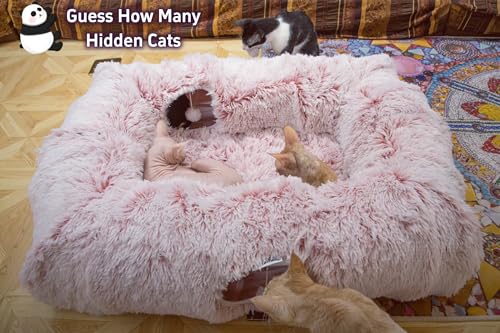 XxingSheep 4-Cave Plush XL Cat Tunnel Bed Indoor Cats Peekaboo Toy Mat Pink - color: Pinkish White