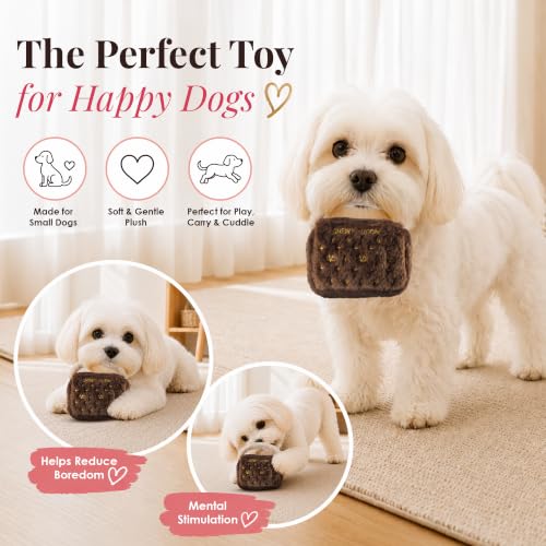 Dog Diggin Designs Chewy Vuiton Plush Dog Toy Purse | Luxury-Inspired Parody Designer Handbag with Squeaker, Soft Plush Fashion Dog Toy – Haute Couture Purses & Handbags - color: Brown Bag, size: Small