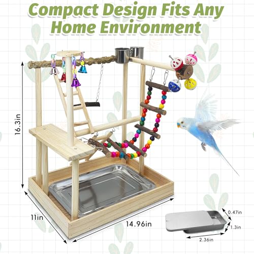 PINVNBY Bird Playground Parrot Natural Wooden Perch Stand Birds Gym - size: Two Floors With Bell Platform