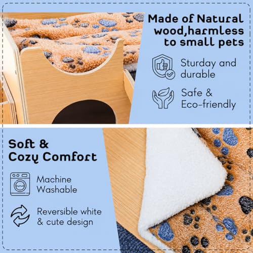 Guinea Pig Wooden Hideout with Built-in Feeder, Screw-Assembled Natural Wood Castle with Absorbent Fleece Mat, Ramp & Accessories, Cozy Safe Hideaway for Small Pets to Rest, Play & Explore