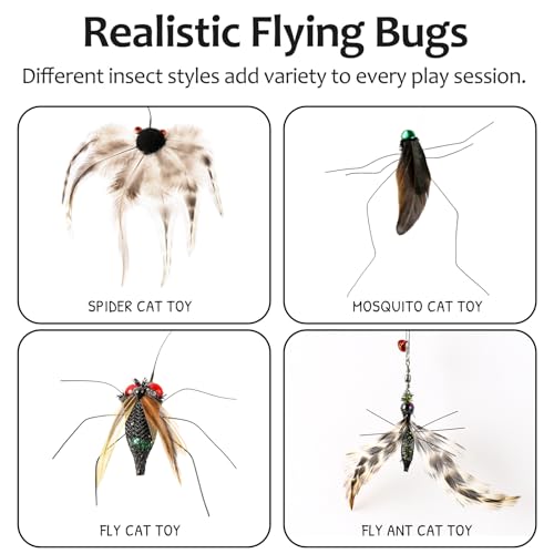 Cat Wand Toy, 4PC Flying Bug Toys for Cats(4PC Bug Refills + 1PC Cat Wand) - size: 4pcs Bug Refills + 1pc Cat Wand