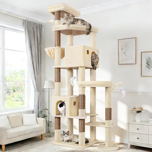 Globlazer 83 Inch Cat Tree Tower for Large Cats, Big Cat Tree for Multi-Cat Household with 2 Condos, 7 Sisal Posts, 2 Perches and Hammock, Sturdy Tall Kitten Activity Center, S83,Beige - color: Beige, size: 83 Inch