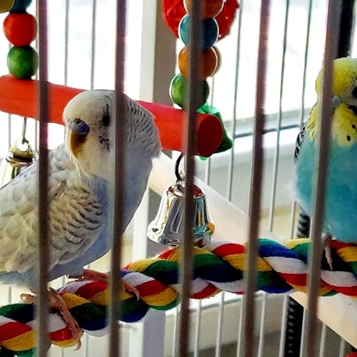 Colorful Cotton Bendable Rope Perch Swing Bird Chew Toys Cage Toys with Bell Swing Climbing Standing Bungee Bird Toys for Conures,Parrots,Cockatiel,Lovebird,Budgerigar,Parakeet (M) - size: M