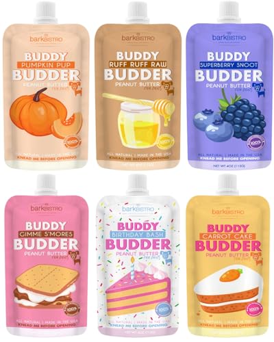 BUDDY BUDDER 6 Pack Mixed Flavor Squeeze Packs, 100% Natural Dog Peanut Butter, Healthy Peanut Butter Dog Treats, Made in USA, (4oz Packs) - size: 4 Ounce (Pack of 1)